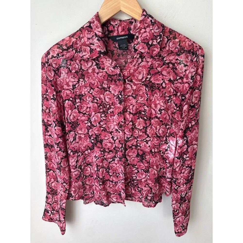 Express Vintage 100% Silk Pink Rose Floral Blouse 7/8